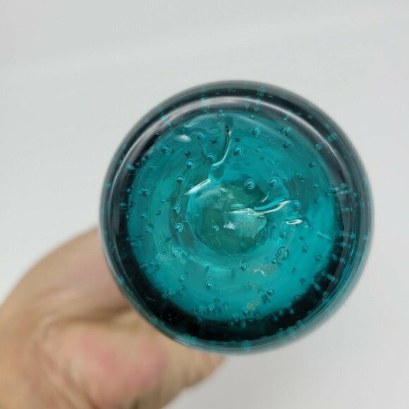 Vintage Teal Bubble Base Blown Glass Vase Narrow Mid Century Modern Smooth 8" - Picture 11 of 11